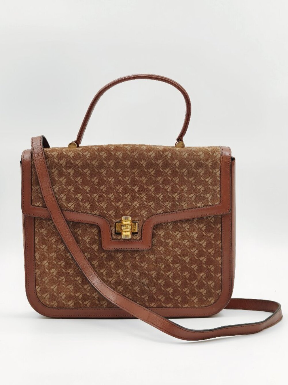 Vintage Salvatore Ferragamo Monogram Suede Leather Top Handle Crossbody Bag Brow